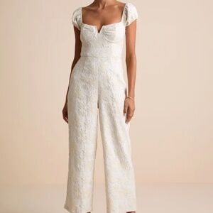 Lulus New Glam Cream Floral Jacquard Bustier Off-the-shoulder Jumpsuit White